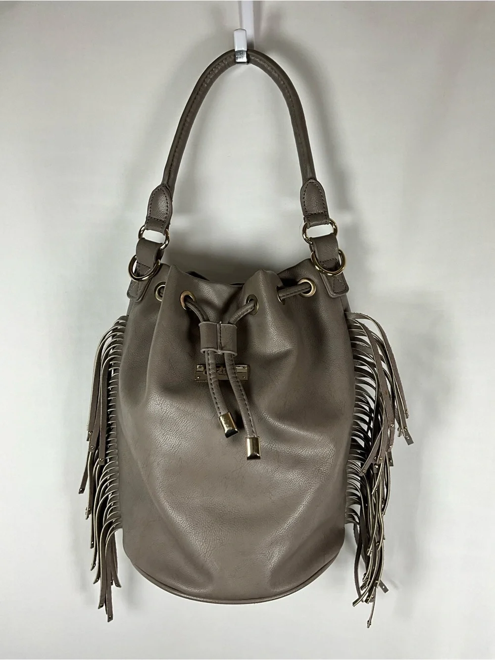 BCBG Paris Bucket Bag Taupe Fringe Drawstring Hobo Bag